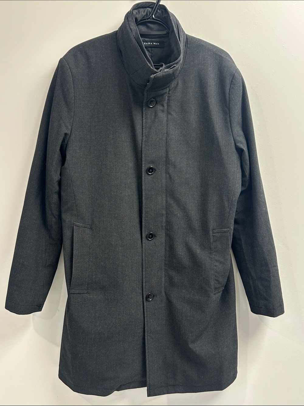 Zara Men's Dark Gray Trench Coat with Stand Collar